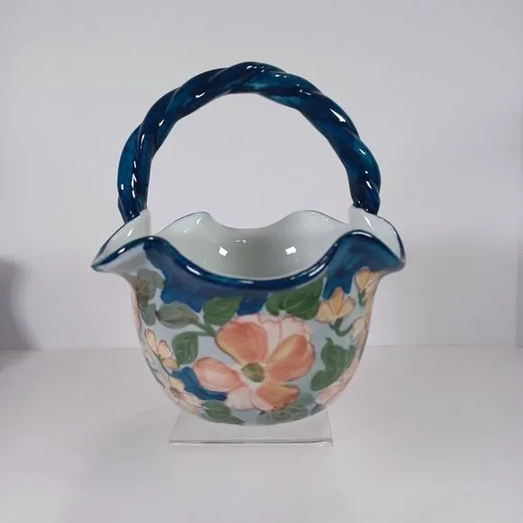 Ruffled Ceramic Basket Handcrafted Blue White Pink Floral Twisted Handle - Picture 2 of 11